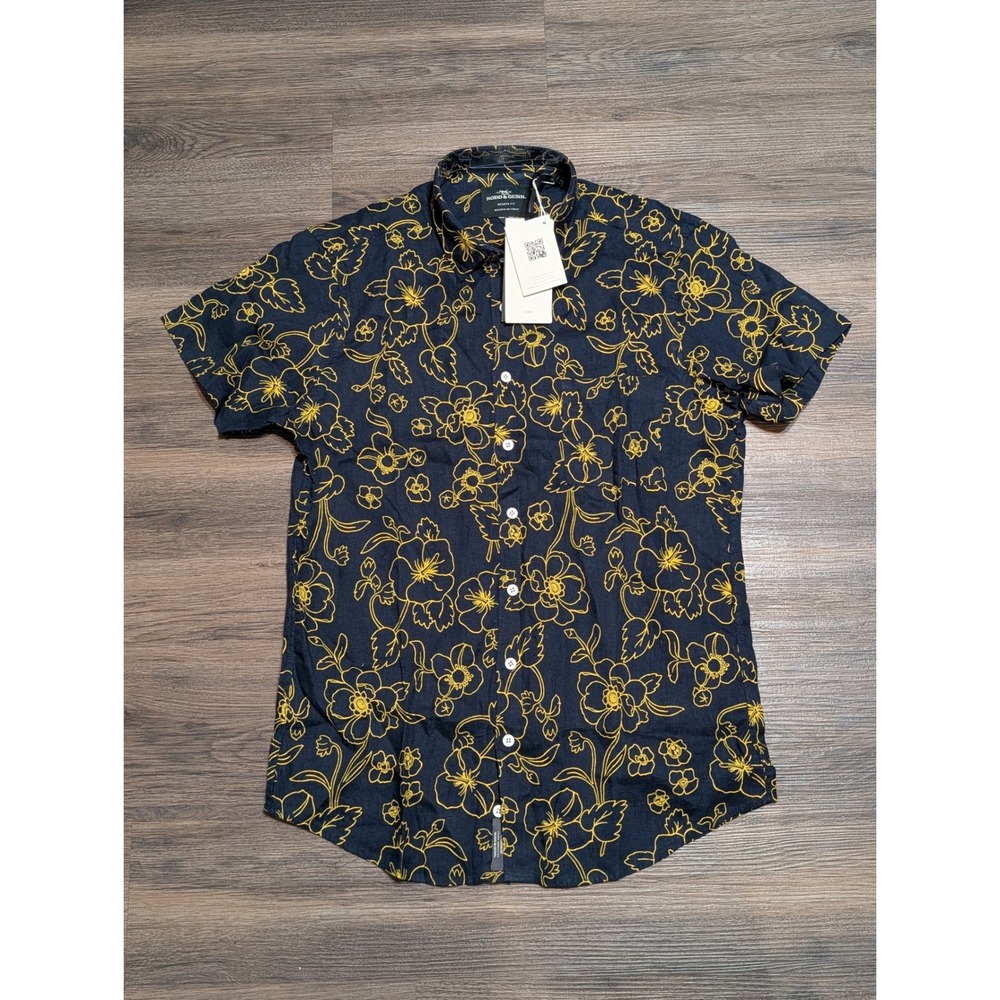 Rodd & Gunn‎ Mens Linen Shirt Small Navy Yellow Floral Sports Fit Italian Fabric